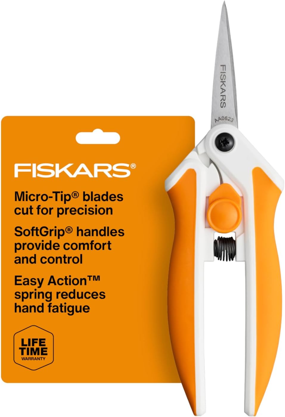 Fiskars Micro-Tip Spring Assisted Scissors, Precision Cutting Stainless Steel Blades, Comfort Handle, Cut Details in Fabric, Sewing Scissors and Arts