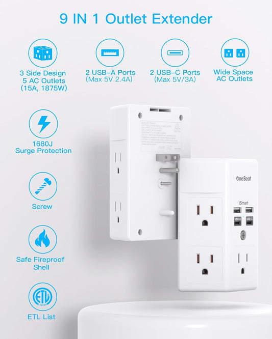 One Beat 1680J 3 Side Power Strip Multi Plug Expander, Surge Protector, 5 Outlets Extender, 4 USB Ports (USB C), Wall Mount Charger, Outlet Splitter