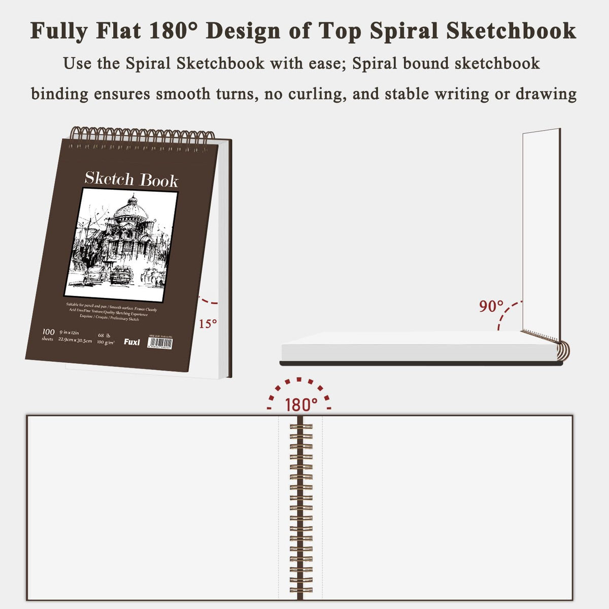 Fuxi 9" x 12" Sketch Book, Top Spiral Bound Sketch Pad, 100 Sheets 68lb/100gsm Acid-Free Drawing Paper, Art Sketchbook for Drawing Pad for Kids