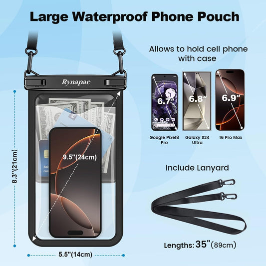 [Up to 10"] Large Waterproof Phone Pouch Bag - 2 Pack IPX8 Waterproof Phone Case for iPhone 17 16 15 Pro Max Galaxy S25 S24 Ultra, Touchscreen