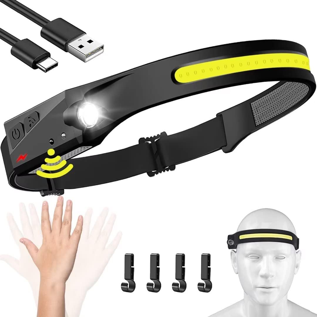 Headlamp Rechargeable, 230° Wide Beam Head Lamp LED with Motion Sensor for Adults - Camping Accessories Gear, Waterproof Head Light Flashlight for