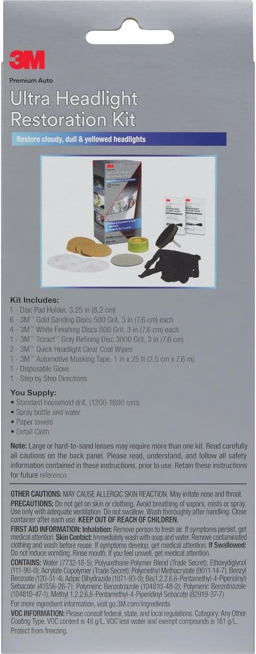 3M Ultra Headlight Restoration Kit, Contains Masking Tape, Light Sanding Discs, Wax Protectant and More, Use on Plastic Lenses Headlights, Taillights