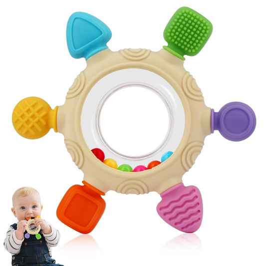 Baby Teething Rings Toys for 0-6 6-12 Months Baby Rattle Teether Sensory Toys for Babies 0-24Months Silicone Teether Relief Chew Soothing Sore Gums