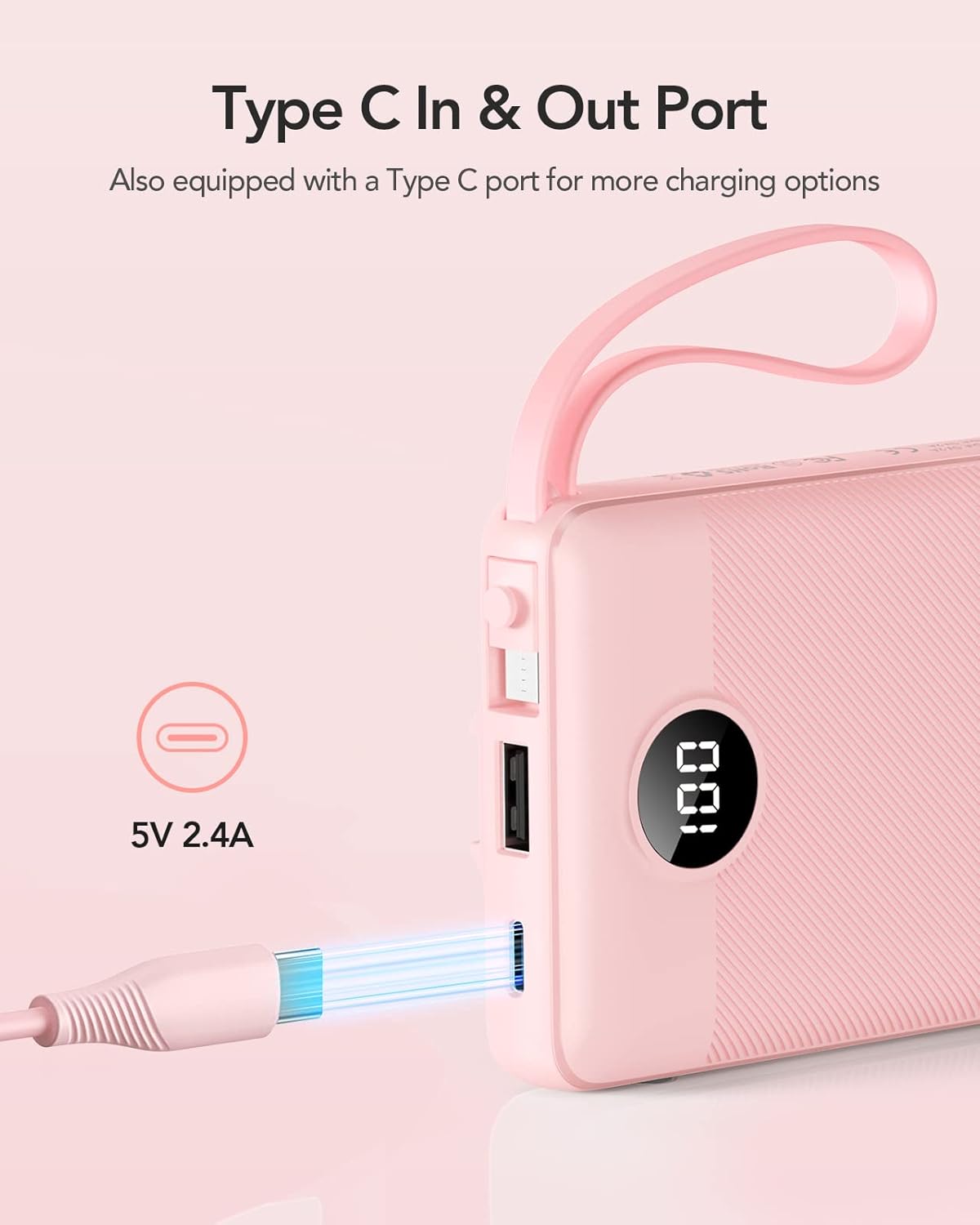 VRURC Portable Charger Power Bank, 10000mAh Travel Essentials Battery Pack, 5 Outputs 2 Inputs Slim Charging Bank Built-in Cables Cords Wires