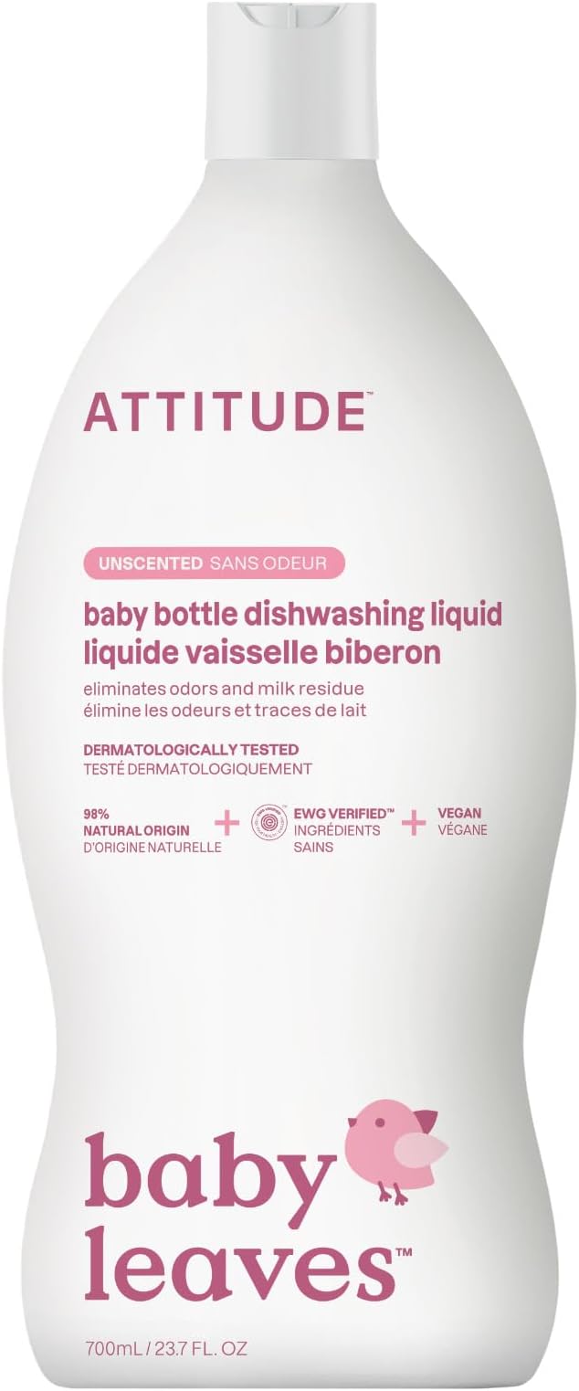 ATTITUDE Baby Dish Soap and Bottle Cleaner, EWG Verified Dishwashing Liquid, No Added Dyes or Fragrances, Tough on Milk Residue and Grease, Vegan