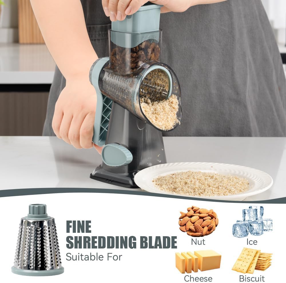 KEOUKE Rotary Cheese Grater Hand Crank Transparent - Shredder Slicer Grinder 3 Stainless Steel Blades, Stable Suction, Labor-Saving Handle, Safe