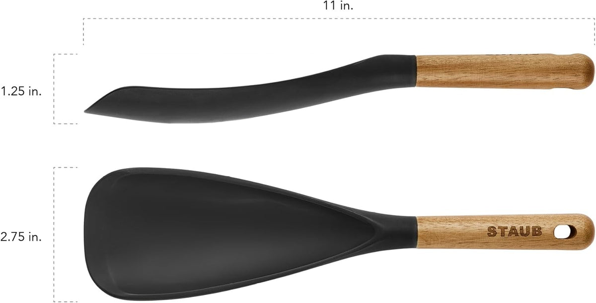 STAUB Multifunction Spatula Spoon, Great for Both Cooking and Serving Durable BPA-Free Matte Black Silicone, Acacia Wood Handles, Safe for Nonstick