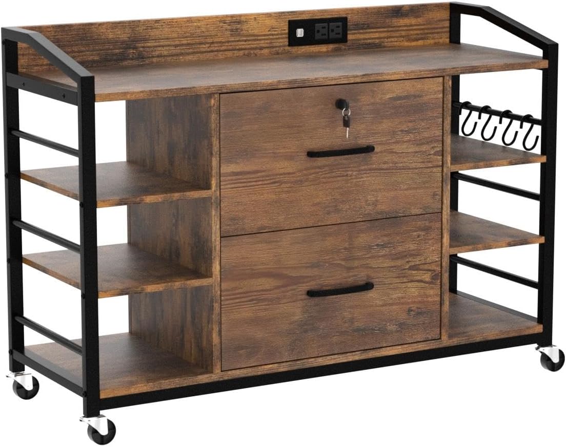 SEDETA 44" File Cabinet, Filing Cabinet fits Legal/Letter Size, 2 Drawer File Cabinets for Home Office with Lock, Power Strip, 6 Storage Shelves