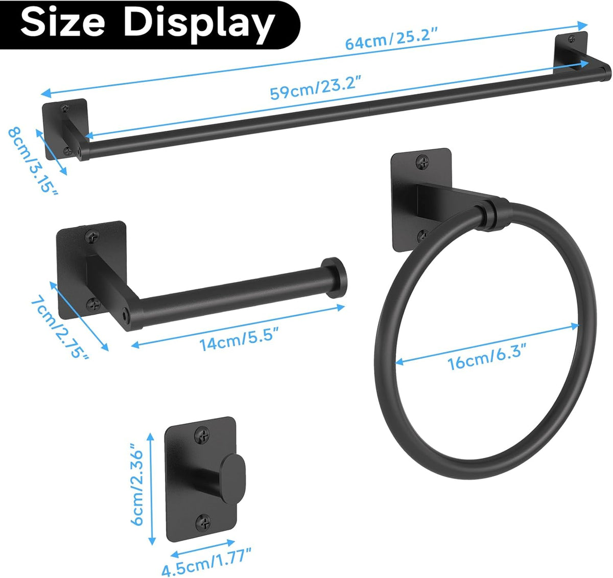 Matte Black Bathroom Accessories Set, KLJKPA 4 Pieces Bathroom Hardware Set, 24 inch Towel Bar, Towel Racks for Bathroom, Robe Towel Hooks, Toilet
