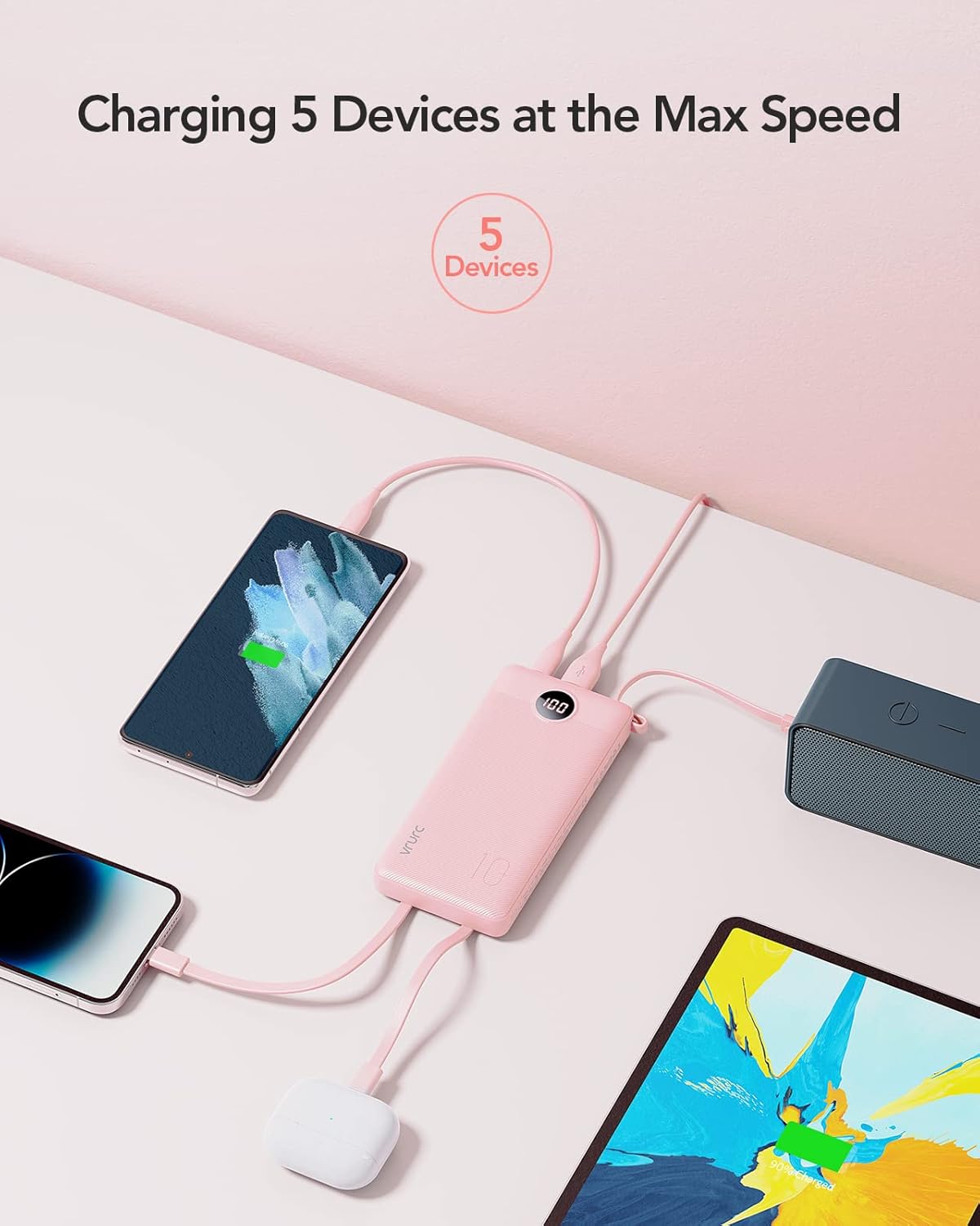 VRURC Portable Charger Power Bank, 10000mAh Travel Essentials Battery Pack, 5 Outputs 2 Inputs Slim Charging Bank Built-in Cables Cords Wires