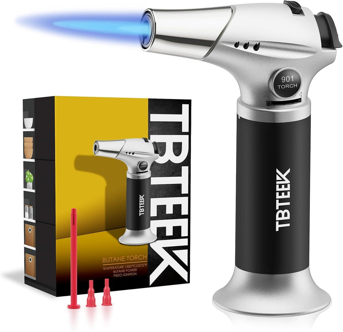 TBTEEK Butane Torch, Kitchen Torch Cooking Torch with Safety Lock & Adjustable Flame for Cooking, BBQ, Baking, Brulee, Creme, DIY Soldering(Butane
