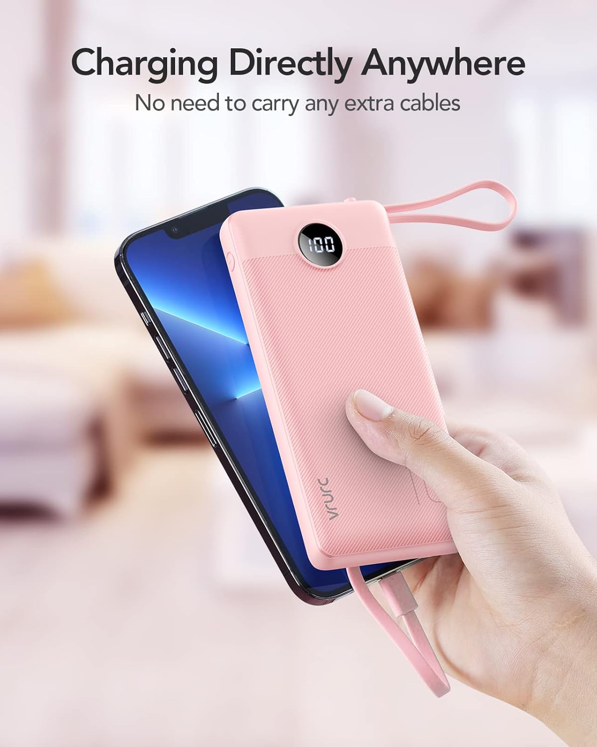 VRURC Portable Charger Power Bank, 10000mAh Travel Essentials Battery Pack, 5 Outputs 2 Inputs Slim Charging Bank Built-in Cables Cords Wires