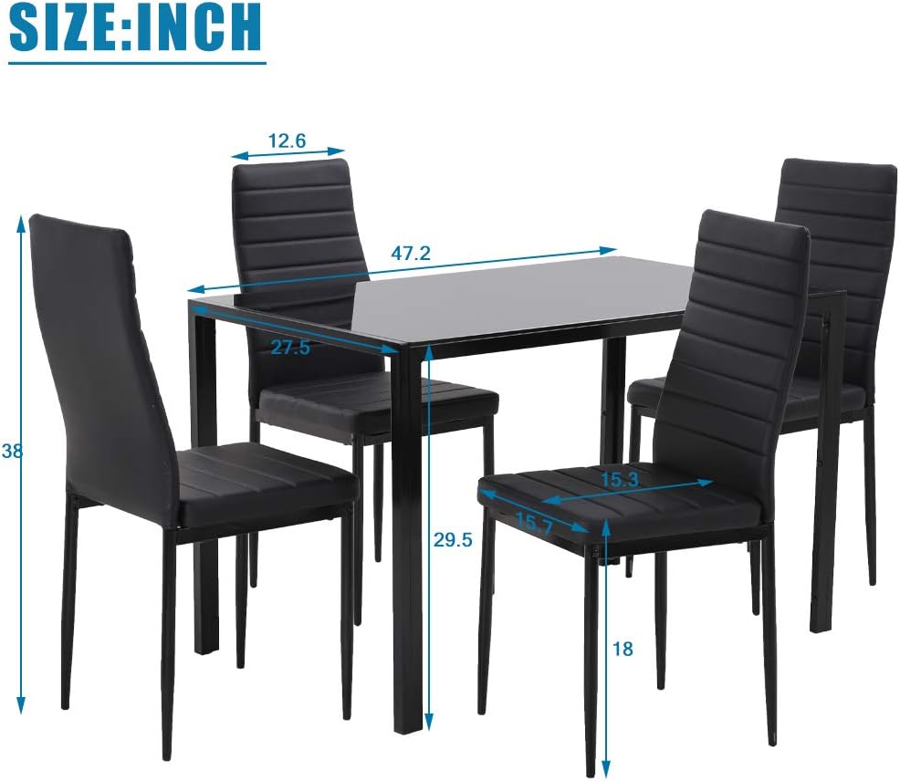 FDW | 5-Piece Dining Table Set | Black | Glass Kitchen Table with 4 Upholstered Chairs and Faux Leather Cushions | Space-Saving and Modern Design