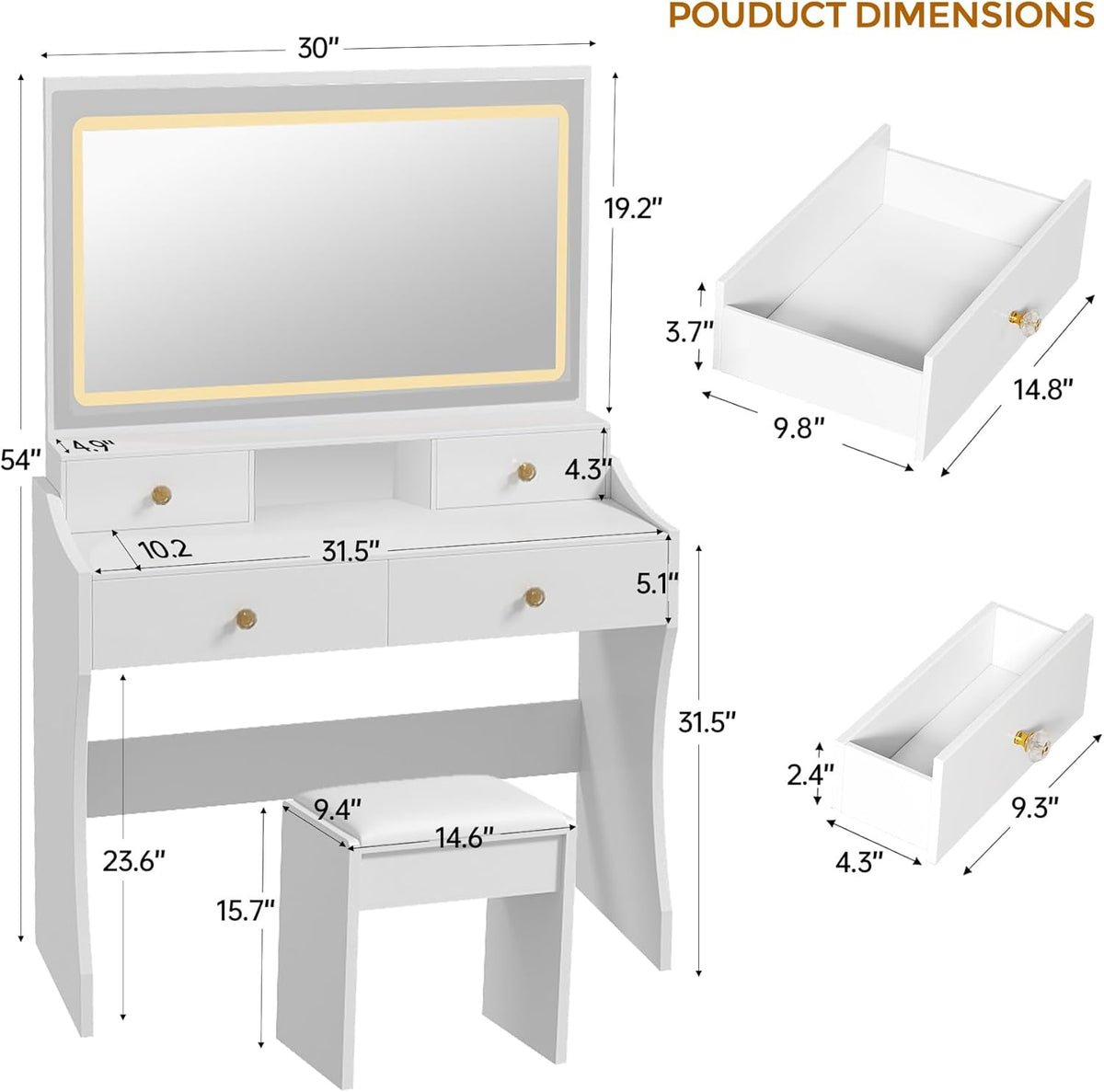 COMHOMA Makeup Vanity Desk with Mirror and Lights, Vanity Table and Chair Set with 5 Drawers and Charging Station, Bedroom Dresser LED Mirror