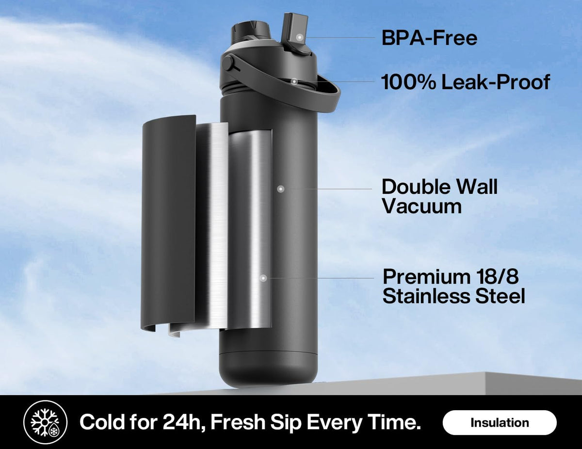 POWCAN 26 oz Insulated Water Bottle with 2-in-1 Straw and Spout Lid, Keep Cold 24H, Leak-Proof, Fits in Car Cup Holder, Stainless Steel Water Bottle