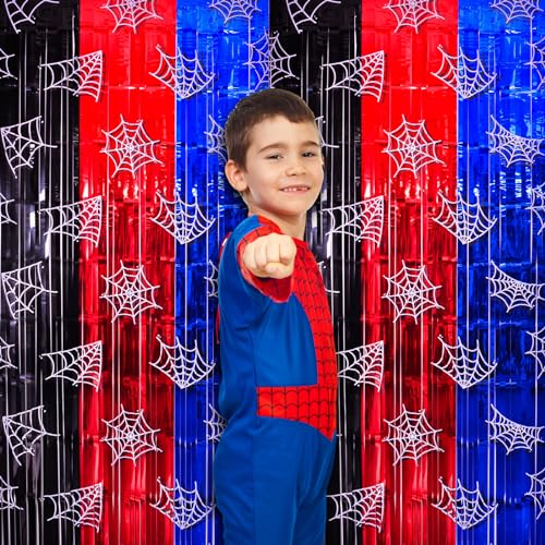 Bupelo Spider Web Birthday Decorations, 2 Pack Spider Party Supplies 3.3x6.6ft Tinsel Foil Fringe Curtains, Red Black, and Blue Photo Booth Prop
