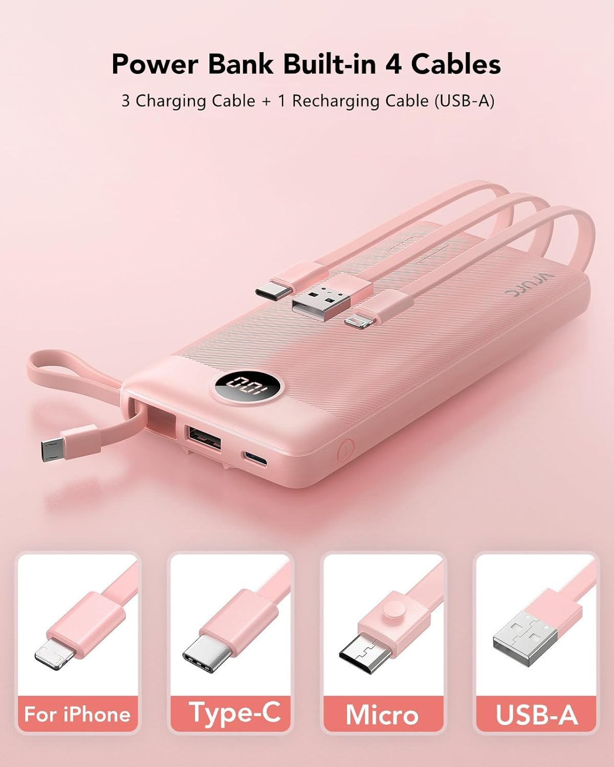 VRURC Portable Charger Power Bank, 10000mAh Travel Essentials Battery Pack, 5 Outputs 2 Inputs Slim Charging Bank Built-in Cables Cords Wires