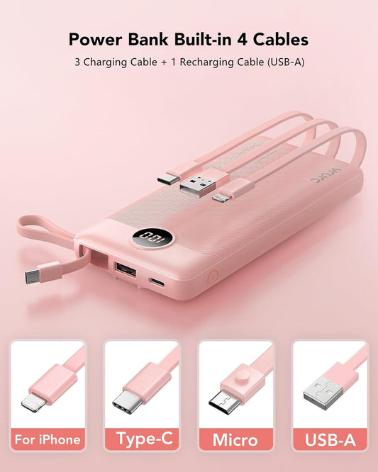 VRURC Portable Charger Power Bank, 10000mAh Travel Essentials Battery Pack, 5 Outputs 2 Inputs Slim Charging Bank Built-in Cables Cords Wires