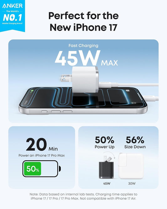 Anker Nano 45W Type C Charger Fast Charging, Compact and Foldable Plug USB C Charger Block for iPhone 17/16 Series, MacBook, Pixel 9, iPad, Samsung