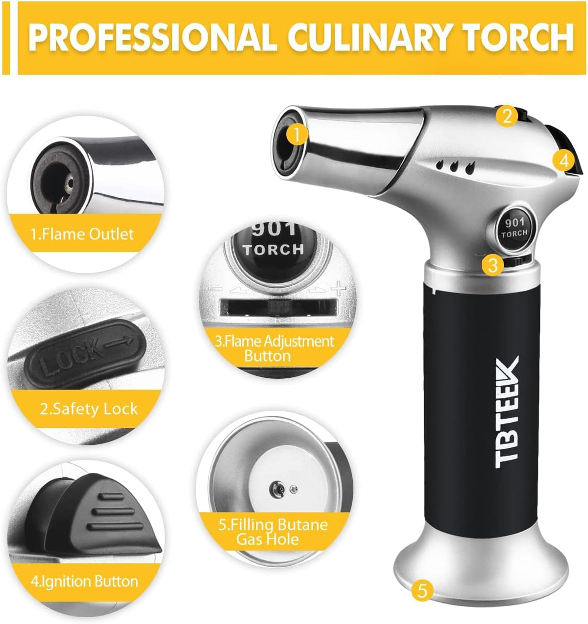 TBTEEK Butane Torch, Kitchen Torch Cooking Torch with Safety Lock & Adjustable Flame for Cooking, BBQ, Baking, Brulee, Creme, DIY Soldering(Butane