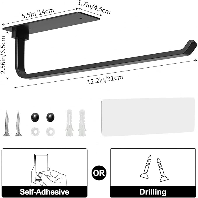 Paper Towel Holder - Self-Adhesive or Drilling, Matte Black, Upgraded Aluminum Kitchen Roll Dispenser Under Cabinet, Lighter but Stronger Than