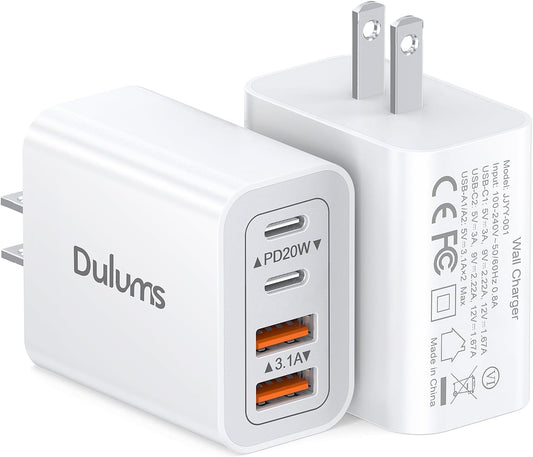 40W USB C Charger Cube, 2-Pack Wall Plug Fast Charging Block, 4-Port PD+QC Power Adapter Multiport Brick Type C Box for iPhone 16/15/14/13/12/11/Pro