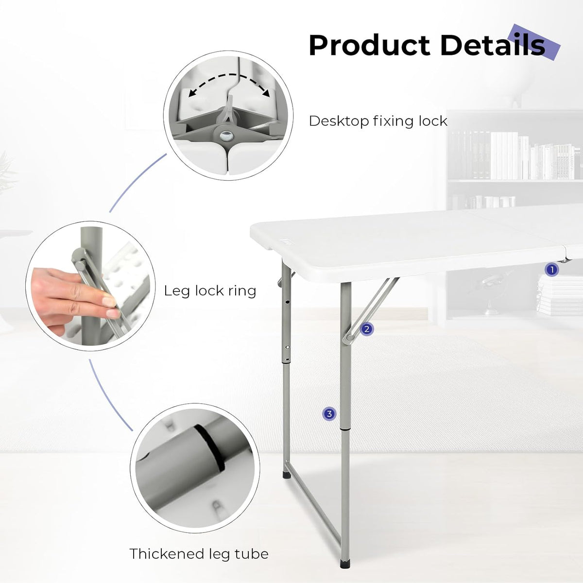 Folding Table 4 Foot Portable Heavy Duty Plastic Fold-in-Half Utility Table Small Indoor Outdoor Adjustable Height Folding with Carrying Handle
