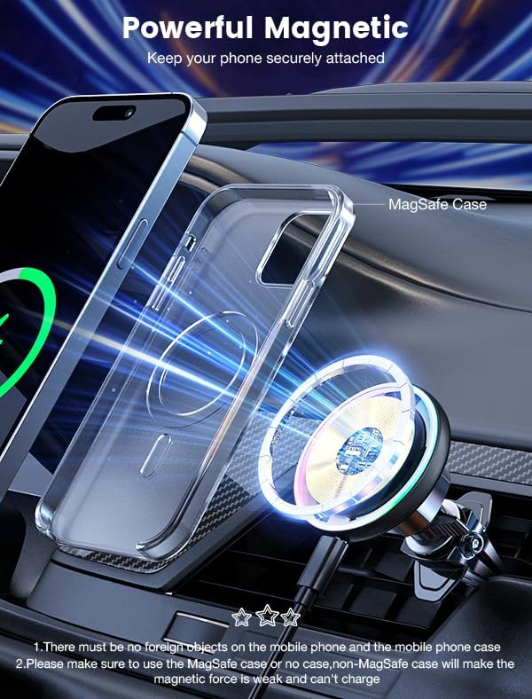 MOKPR for Magsafe Car Mount Charger-15W Wireless Car Charger-Magnetic Car Phone Holder for Dash Air Vent-LED RGB HandsFree Car Mount Fast Car Charger