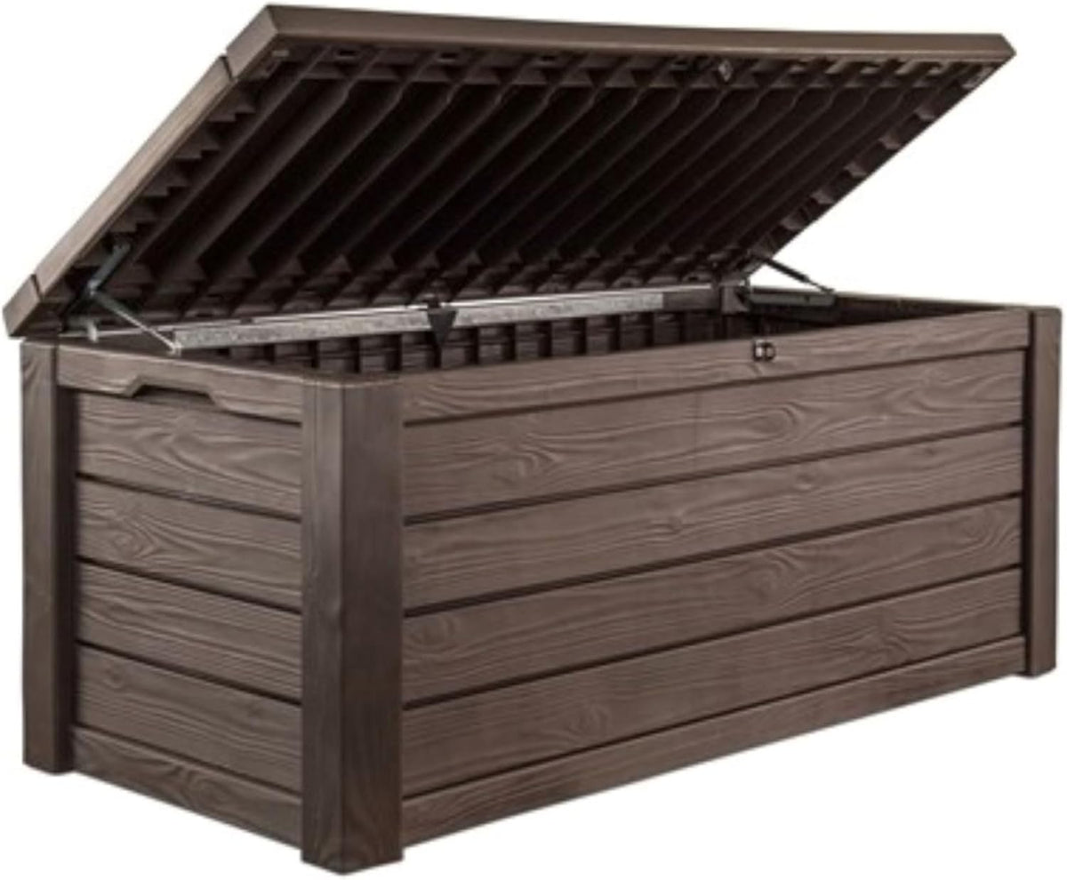 Keter Westwood 150 Gallon Deck Box Organizer, Doubles as 2-Person Bench Seat, Brown – Large Resin Outdoor Storage and Seating with Lockable Lid for