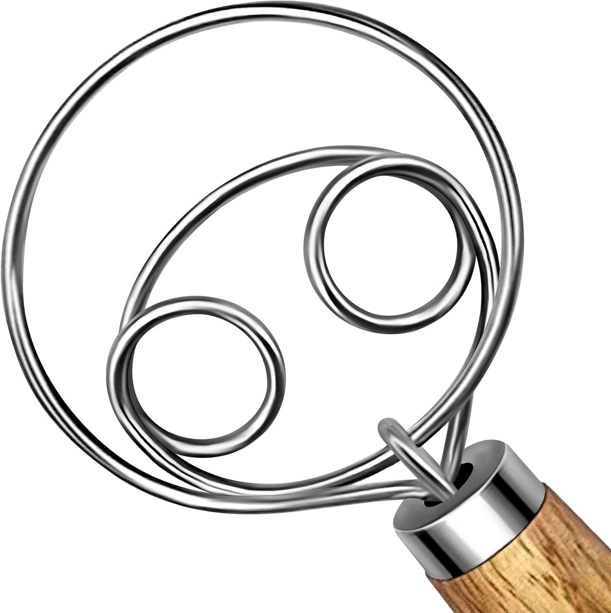 TEEVEA Danish Dough Whisk Stainless Steel Dough Hook Dutch Whisk for Sourdough Bread Dough Mixer Hand Wooden Handle Kitchen Whisking Mixing Tool