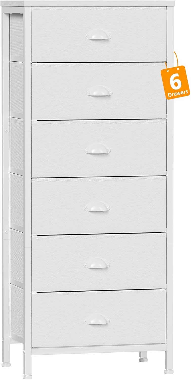 Furnulem White Tall Dresser for Bedroom,Vertical Storage Tower Unit and End Table with 6 Fabric Drawers, Nightstand Furniture with Drawer Organizer