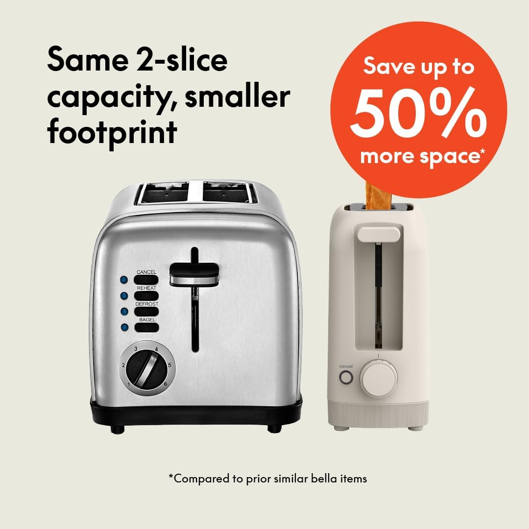 bella 2 Slice Slim Toaster, Fits-anywhere™ Kitchenware, 6 Setting Shade Control with Reheat & Cancel Buttons, Fits sourdough, 10” Long Slot, Anti Jam