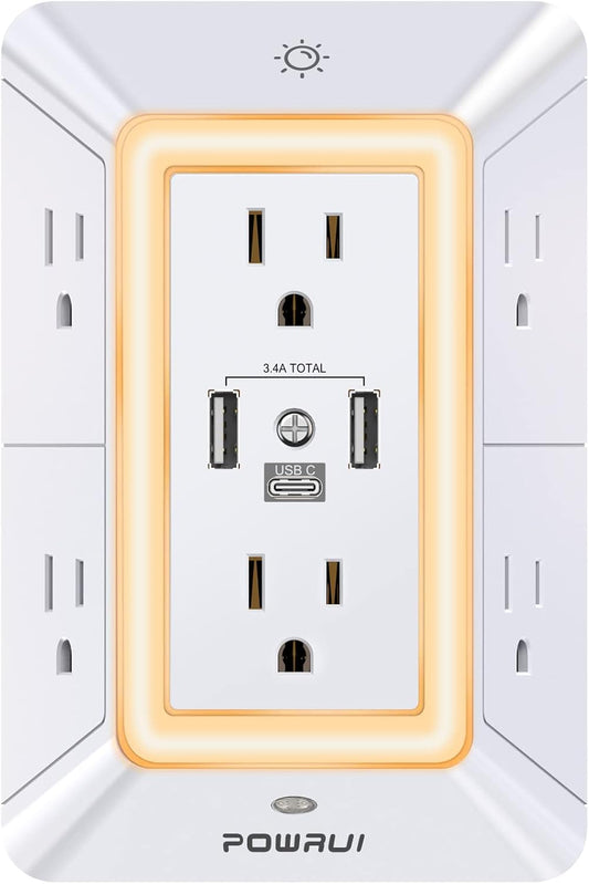 POWRUI Multi Plug 6 Outlet Surge Protector Extender with 3 USB Ports (1 USB C) and Night Light, 3-Sided Power Strip with Adapter Spaced Outlets, ETL