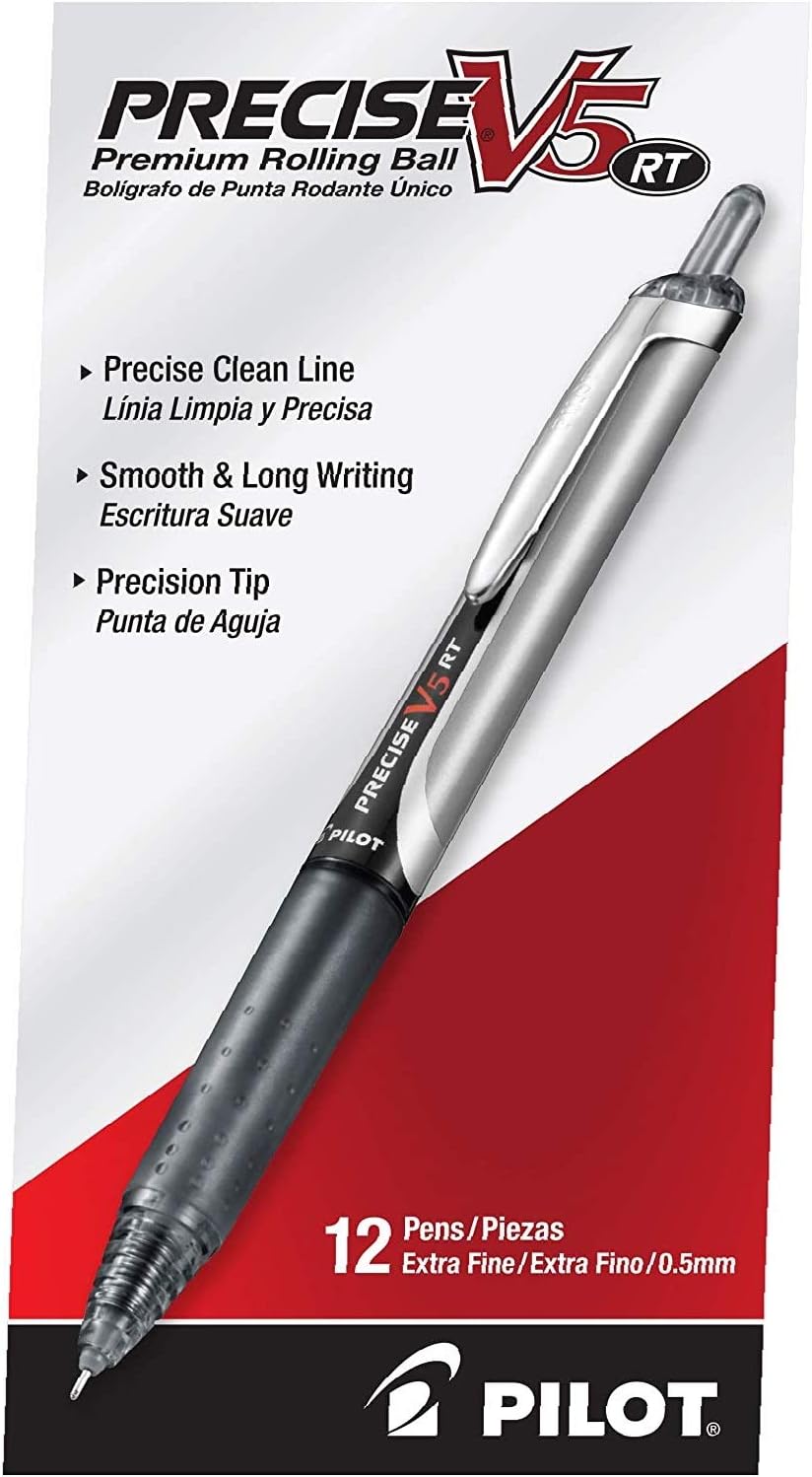 Pilot Precise V5 RT Refillable & Retractable Rollerball Pens, Extra Fine Point Pens 0.5 mm, Black, Pack of 12 - Ideal for School, Journaling & Office