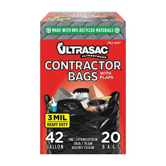 Ultrasac Contractor Bags 42 Gallon (20 PACK/w FLAP TIES), 32.75 x 44.5-3 MIL Thick Large Black Heavy Duty Industrial Garbage Trashbags for