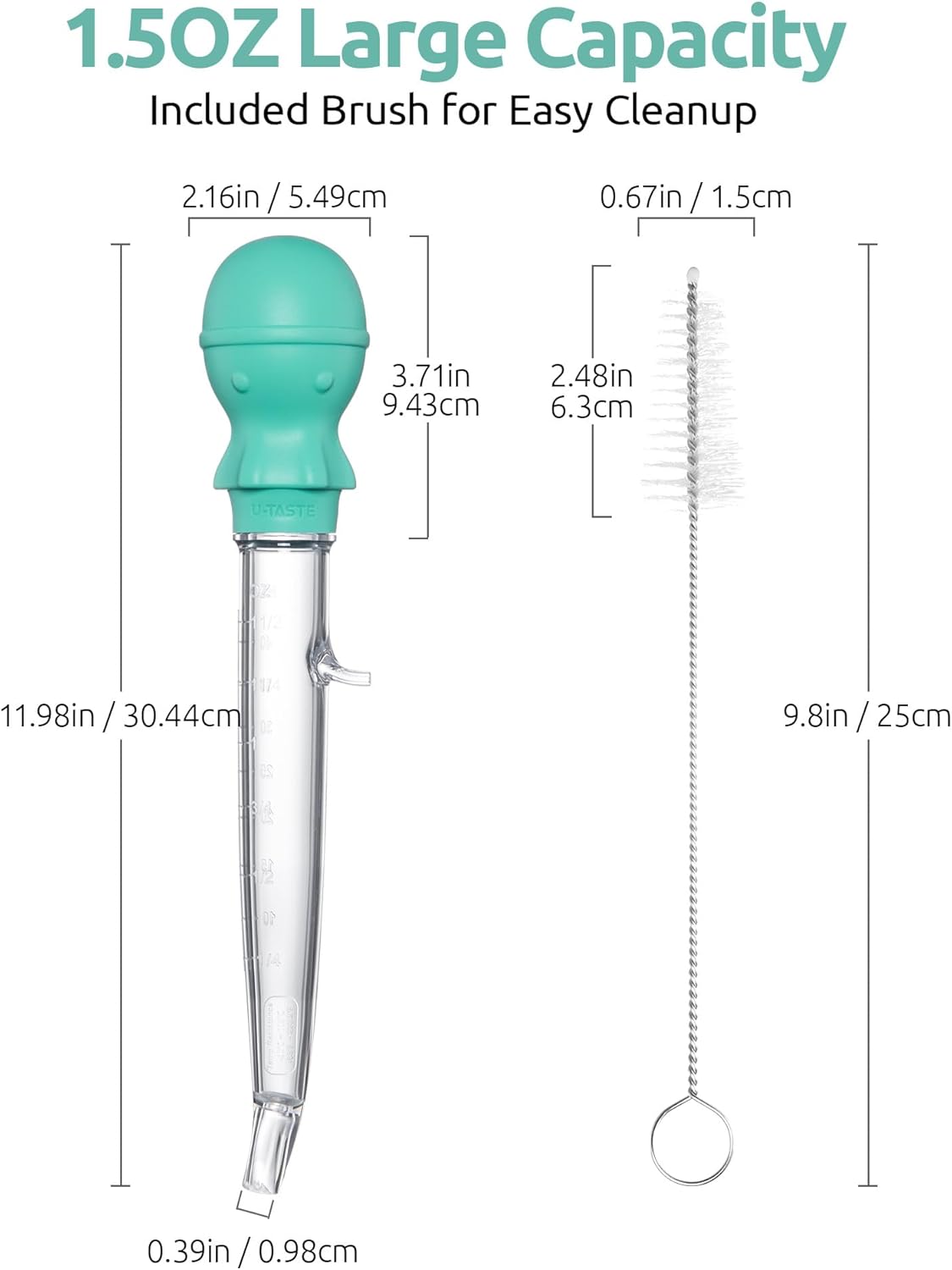 U-Taste 1.5oz Angled Turkey Baster - 228.2℉ Heat Resistant Food Grade Tritan and Silicone Large Octopus Bulb Baster Set with Cleaning Brush for