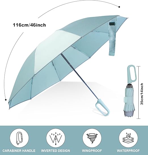 QWB TUMAAOTU Inverted Umbrella with Carabiner Handle, Compact Wind Proof Umbrellas For Rain and Sun Protection, Portable Reverse Folding Umbrella