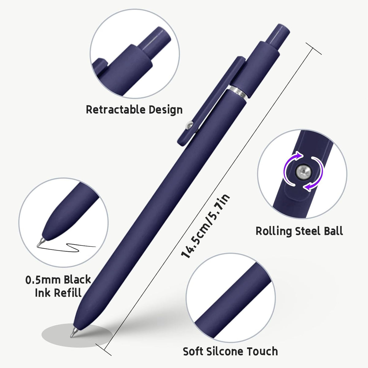 Gel Pens, 5 Pcs 0.5mm Black Ink Pens Fine Point Smooth Writing Pens with Silicone Grip, High-End Series Metal Clip Retractable Pens for Journaling