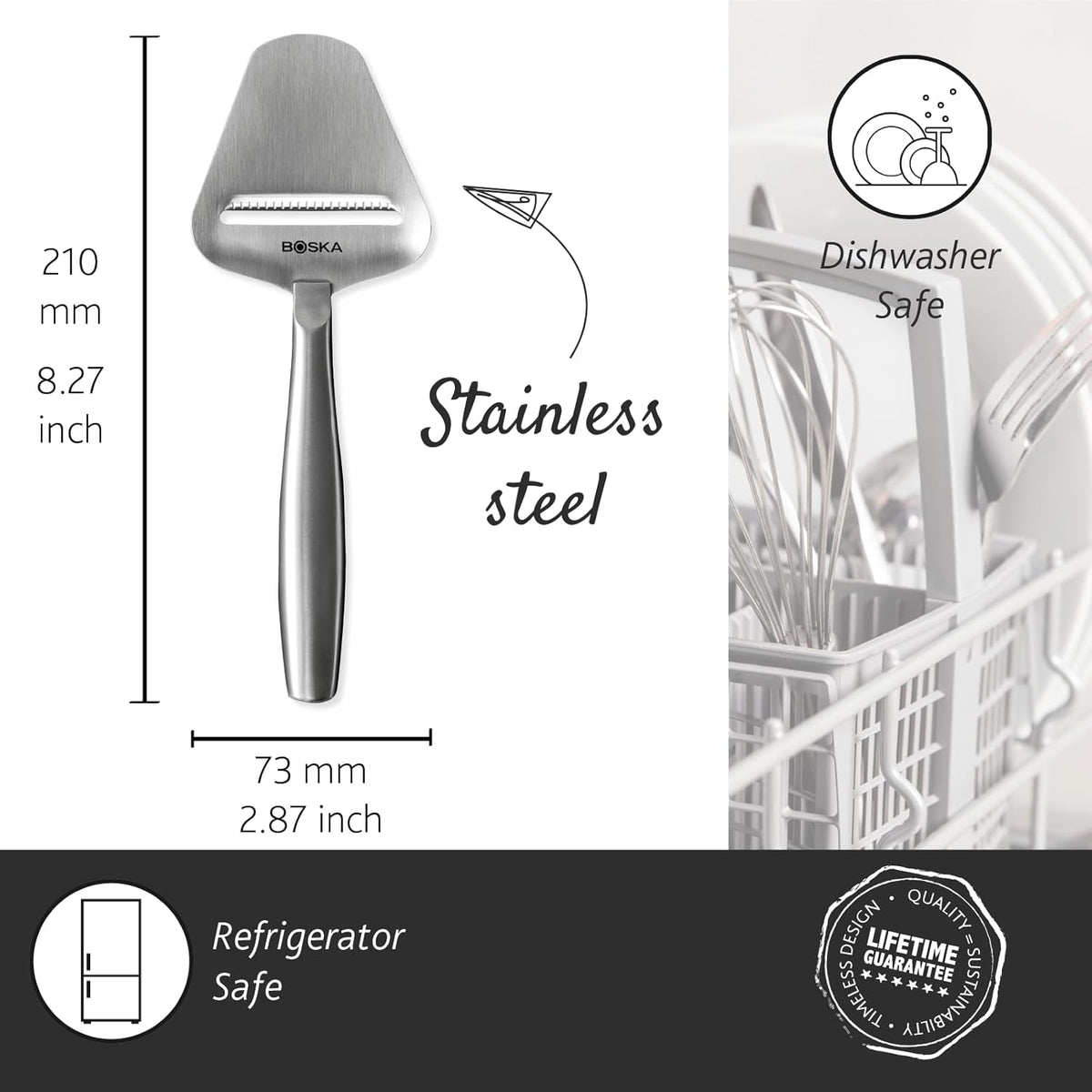 Boska Stainless Steel Cheese Slicer - Copenhagen For All Types of Cheese - Multi-Functional Cheese Slicer - Handheld Slicer - Silver Non-Stick