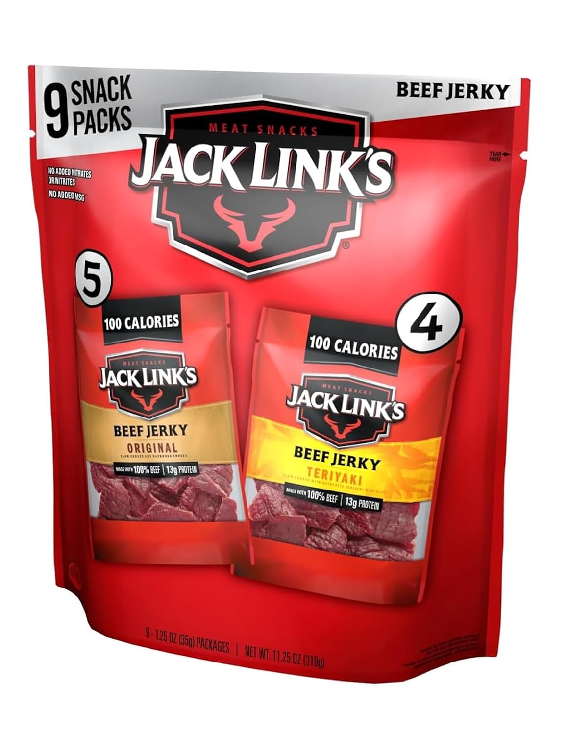 Jack Link's Beef Jerky Variety Pack - Original and Teriyaki - (9 Pack) 1.25 oz Bag - Ready to Eat Protein Snacks - 13g Protein per Serving - Made