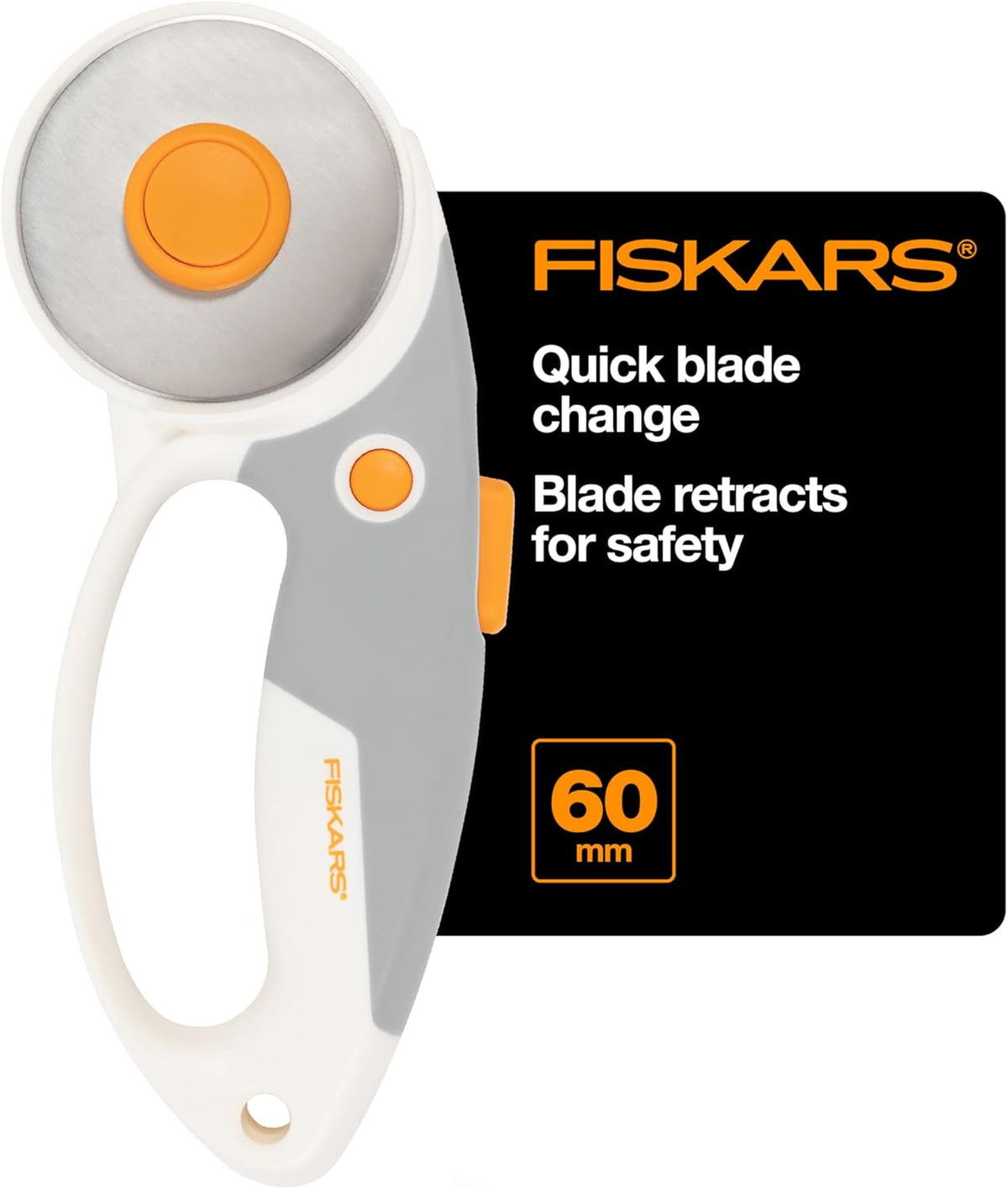 Fiskars 60mm Rotary Cutter for Fabric with Ergonomic Loop Grip And Comfort Handle, Titanium Rotary Fabric Cutter for Thick Materials, Easy and Safe
