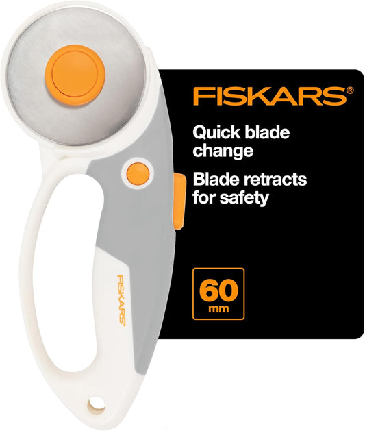 Fiskars 60mm Rotary Cutter for Fabric with Ergonomic Loop Grip And Comfort Handle, Titanium Rotary Fabric Cutter for Thick Materials, Easy and Safe