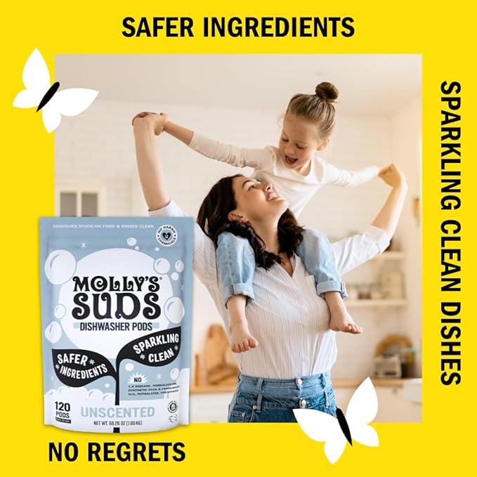 Molly's Suds Dishwasher Pods | Clean Dishwasher Detergent, Cuts Grease & Rinses Clean (Residue-Free) for Sparkling Dishes | 60 Auto-Release Tabs