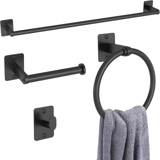 Matte Black Bathroom Accessories Set, KLJKPA 4 Pieces Bathroom Hardware Set, 24 inch Towel Bar, Towel Racks for Bathroom, Robe Towel Hooks, Toilet