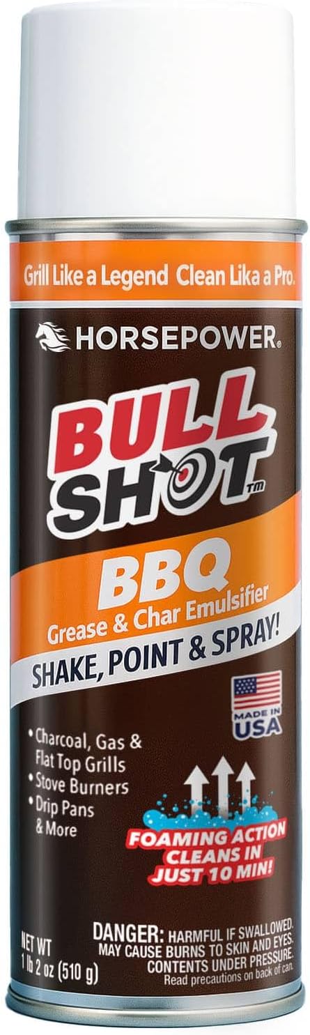 Bull Shot BBQ, Foaming Grill Cleaner, Professional Strength Foam Spray Emulsifies Burnt Grease & Char on Grates, Racks, Pans, Smokers