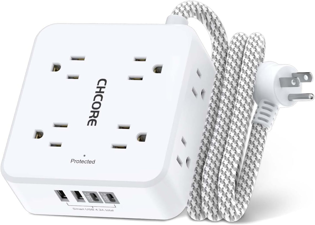Surge Protector Power Strip - CHCORE 5Ft Braided Extension Cord with 8 Outlets with 4 USB (2 USB C) Charging Ports, Flat Plug Multi Plug Outlet