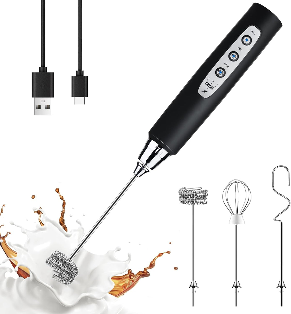 YUSWKO Black Handheld Milk Frother Wand for Coffee, Rechargeable Electric Whisk with 3 Heads 3 Speeds Drink Mixer Coffee Frother For Latte
