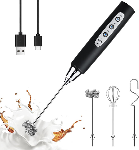 YUSWKO Black Handheld Milk Frother Wand for Coffee, Rechargeable Electric Whisk with 3 Heads 3 Speeds Drink Mixer Coffee Frother For Latte