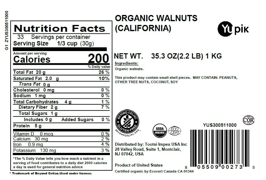 Yupik Organic Raw California Walnuts, Halves, 2.2 lb (35.2 oz), Kosher, Gluten-Free, Non-GMO, Vegan, Half Nuts, Unsalted, Unroasted, Source of