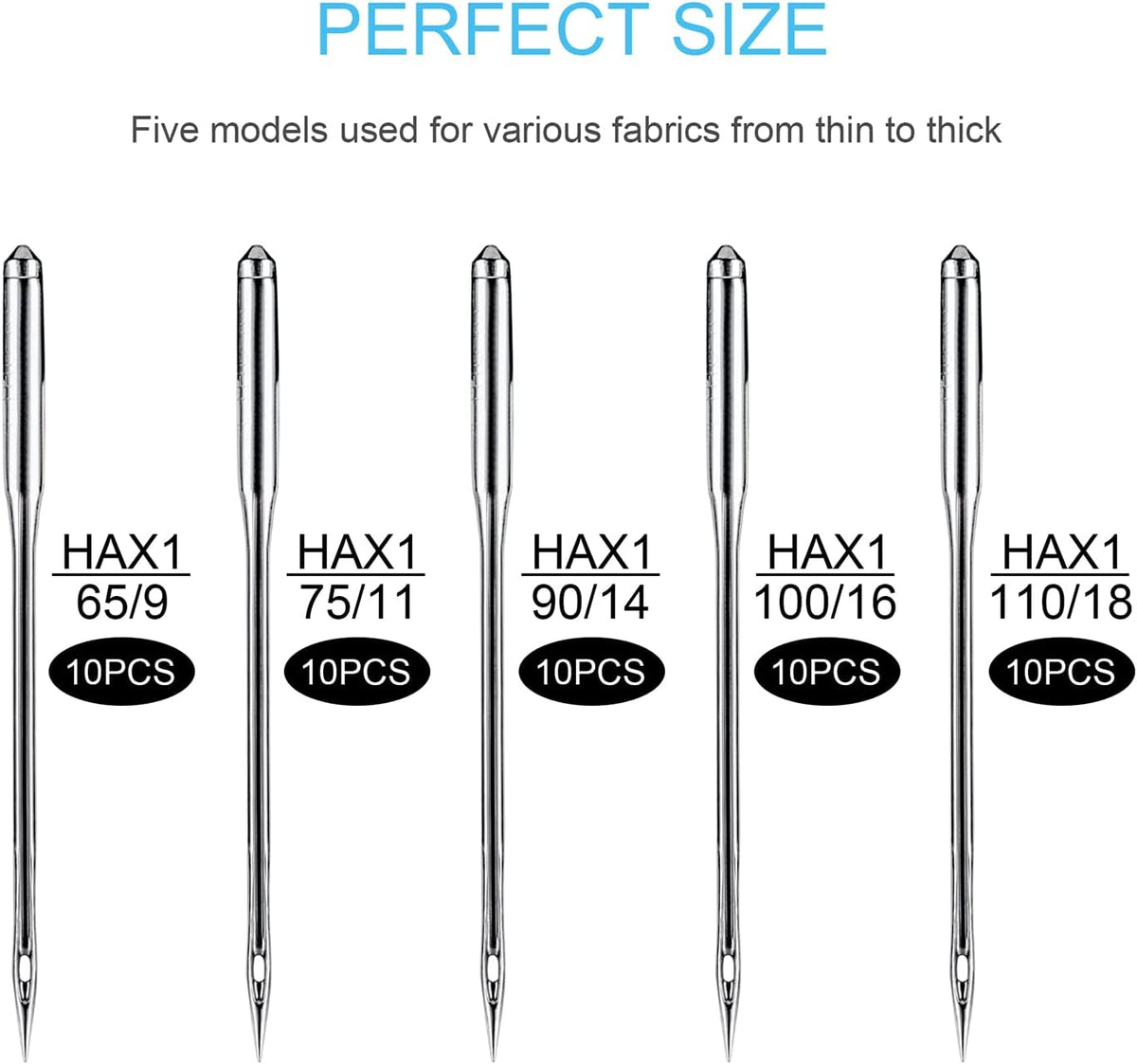 Sewing Machine Needles, 50 PCS Universal Sewing Machine Needle, Compatible with Singer, Brother, Janome, Varmax, Sizes HAX1 65/9, 75/11, 90/14